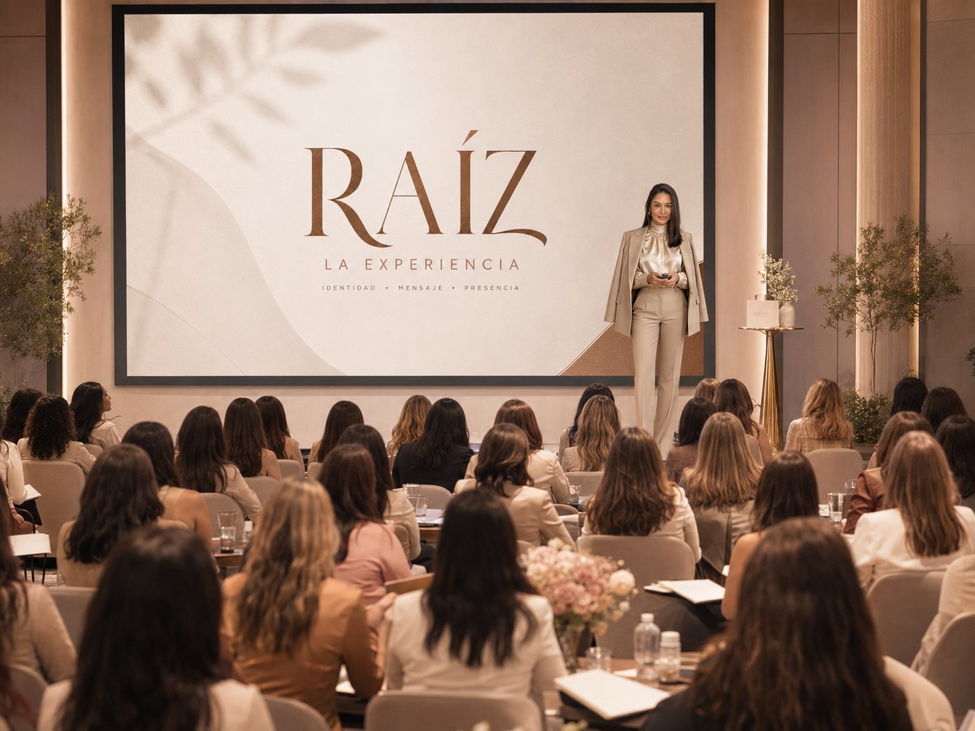 Salón lleno de mujeres viviendo RAÍZ: La Experiencia, con Margery facilitando frente a la pantalla del método