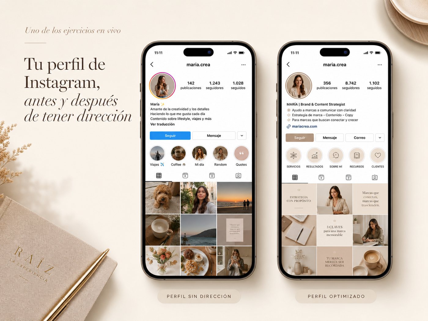Ejercicio en vivo: tu perfil de Instagram, antes y después de tener dirección